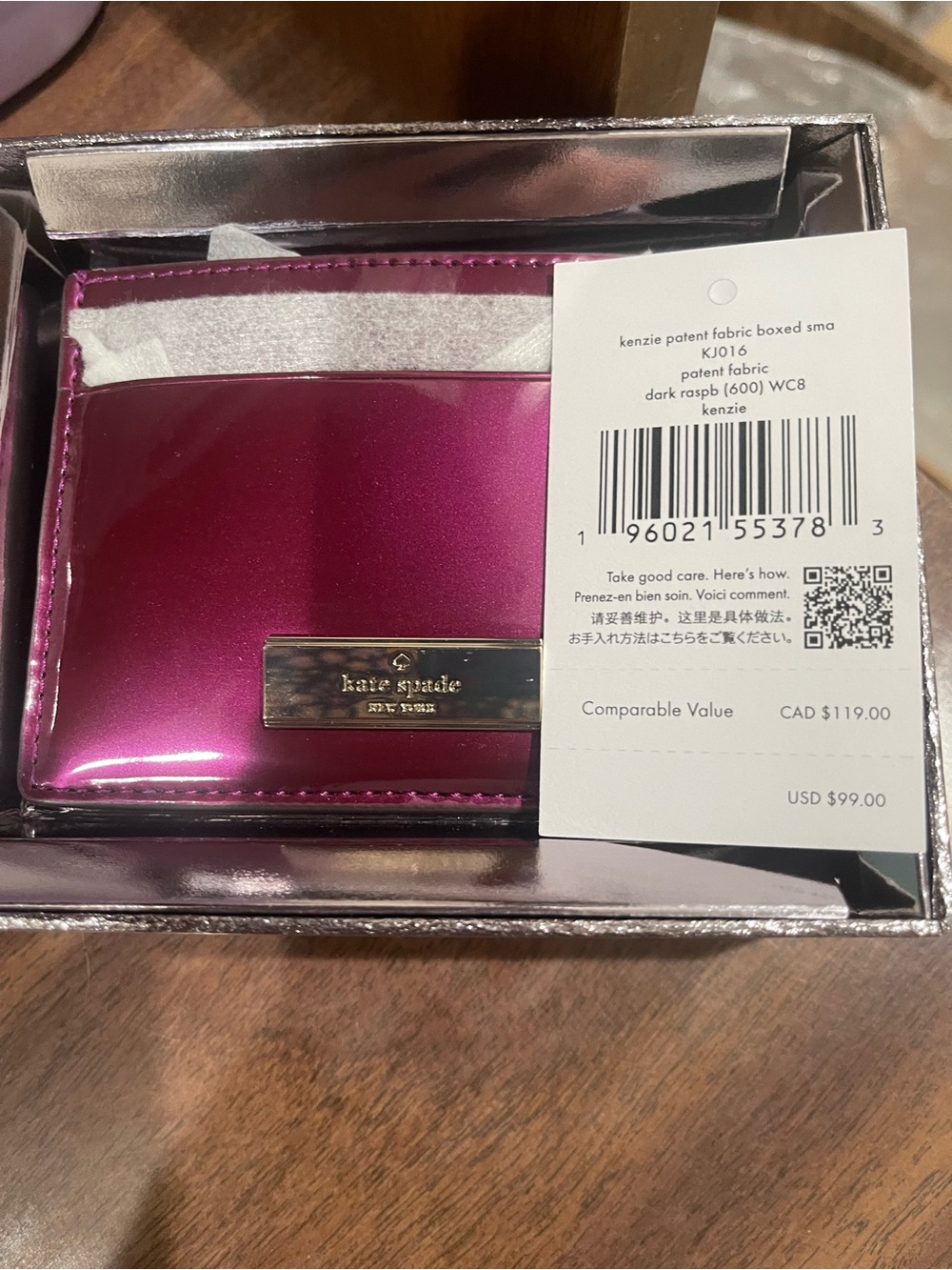 kate spade Metallic Fuchsia Card & Key Holder with Gold Logo Plate - Picture 4 of 5